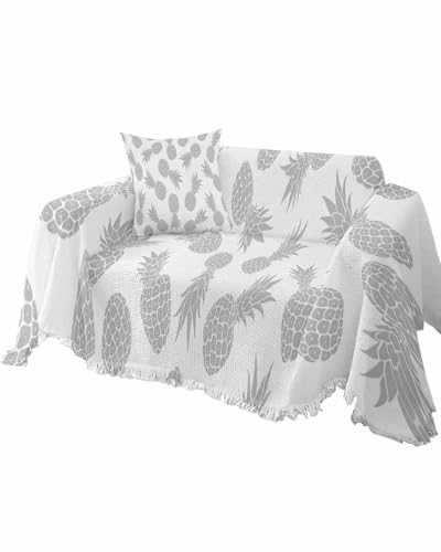 Pineapple Yellow Sofa Cover Couch Covers for 3-4 Cushion Couch Throw Couch Cover with Tassel Soft Sofa Slipcover Summer Fruits Texture White Couch Furniture Protector for Dog Pet 71