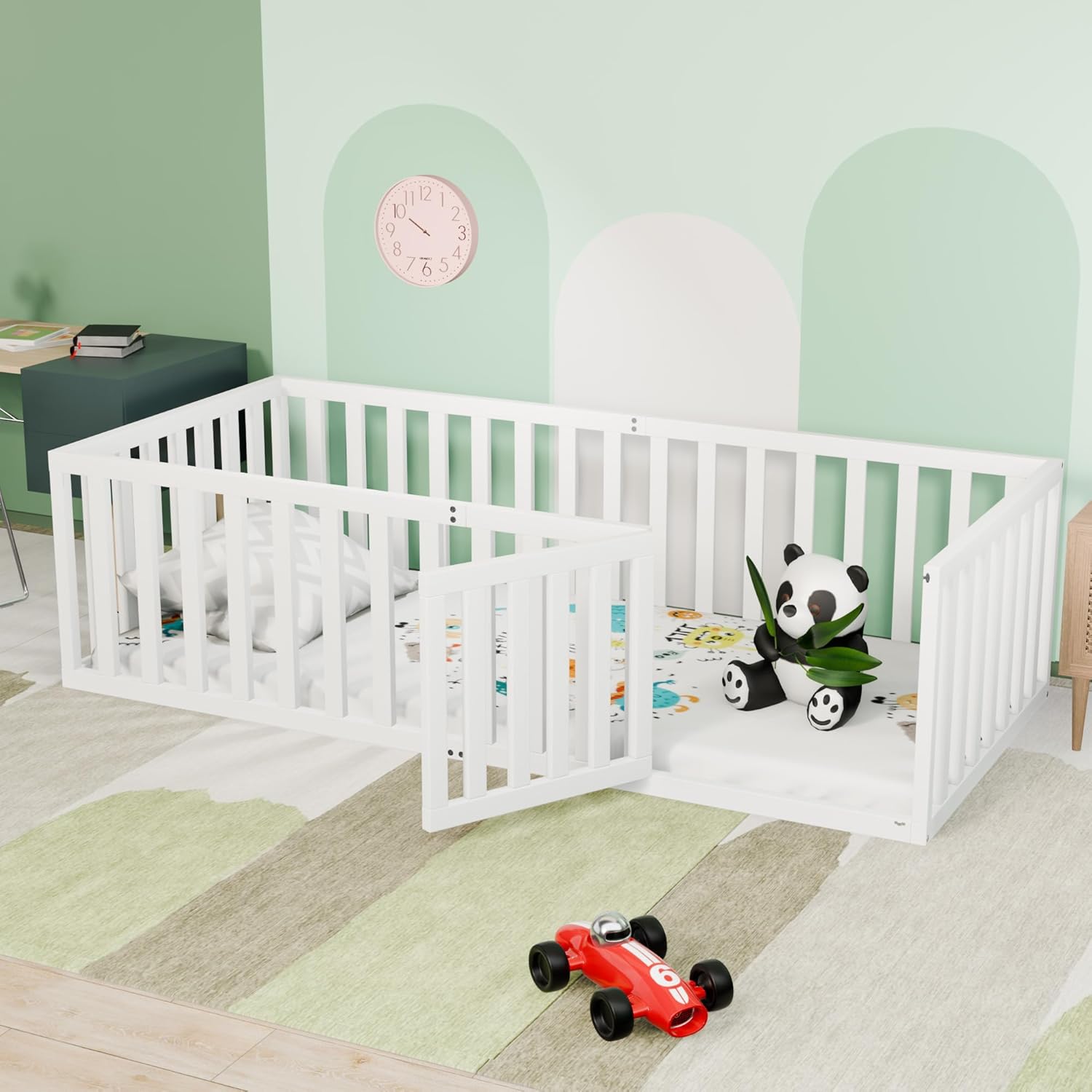 Floor Bed, Wood Montessori Floor Beds with Guardrails & Detachable Door, Multifunctional Montessori Bed Frame for Boys Girls, Standard Size, No Weight Limit, Easy Assemble