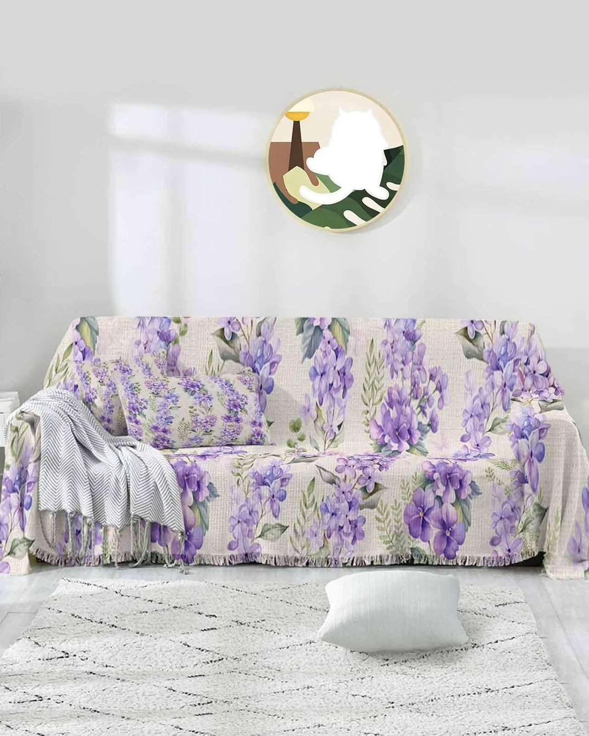 Floral Purple Cover Couch Covers for 3 Cushion Couch Throw Couch Cover with Tassel Soft Slipcover Watercolor Flowers Texture Leaves Plants on Burlap Couch Furniture Protector for Dog Pet 71