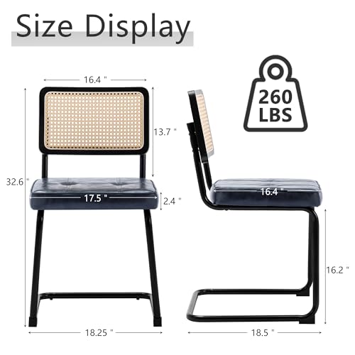 Rattan Dining Chairs Set of 2, Mid Century Modern PU Leather Dining Room Kitchen Chairs with Cane Back, Metal Chrome Legs, Upholstered Wicker Armless Accent Chairs, Black