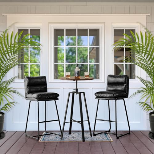 glitzhome Set of 3 Pub Table Set, Modern Round Bar Table Height Adjustable with Walnut Veneer Top and Black Thick Leatherette Bar Stools, Bistro High Table and Chairs for Dining Bistro Cafe Home Bar