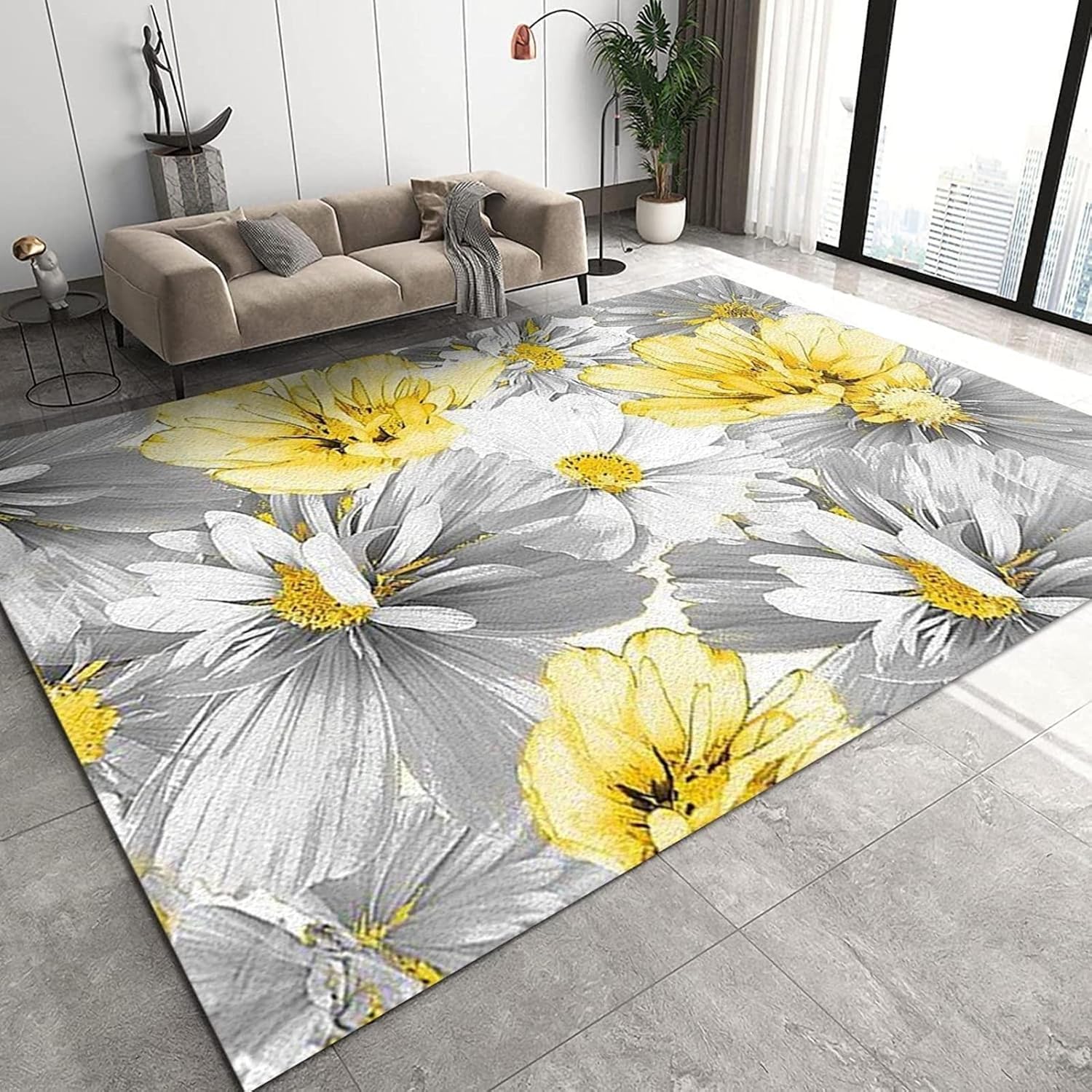Vintage Abstract Flowers Rug for Bedroom, Oil Painting Gray Yellow Flower Area Rug, Non-slip Foldable Easy Clean Washable Carpet for Kitchen Living Room Bedroom Floor Entryway 3x5ft