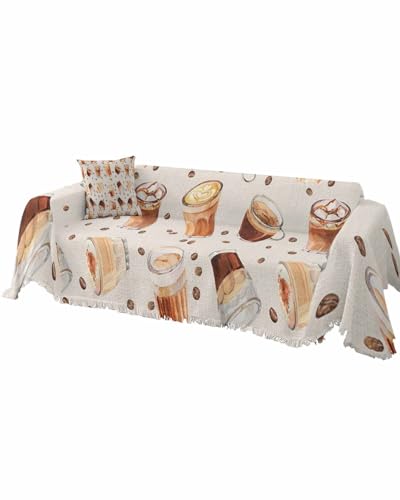 Coffee Texture Black Sofa Cover Couch Covers for 3-4 Cushion Couch Throw Couch Cover with Tassel Soft Sofa Slipcover Modern Coffee Beans Texture Couch Furniture Protector for Dog Pet 71