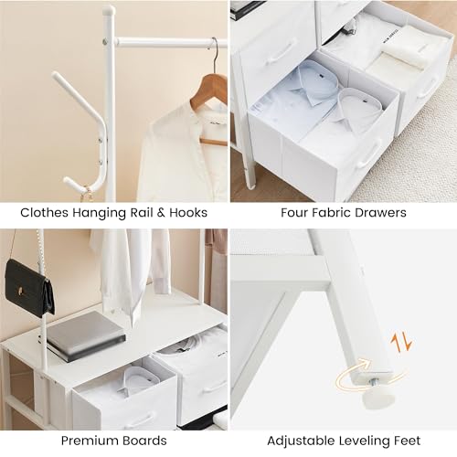 Clothing Rack with Drawers, Heavy Duty Garment Rack with 4 Drawers, Wood Top & Metal Frame, Free Standing Closet Organizer with 2 Side Hooks for Hanging Shirts, Dresses, Jackets