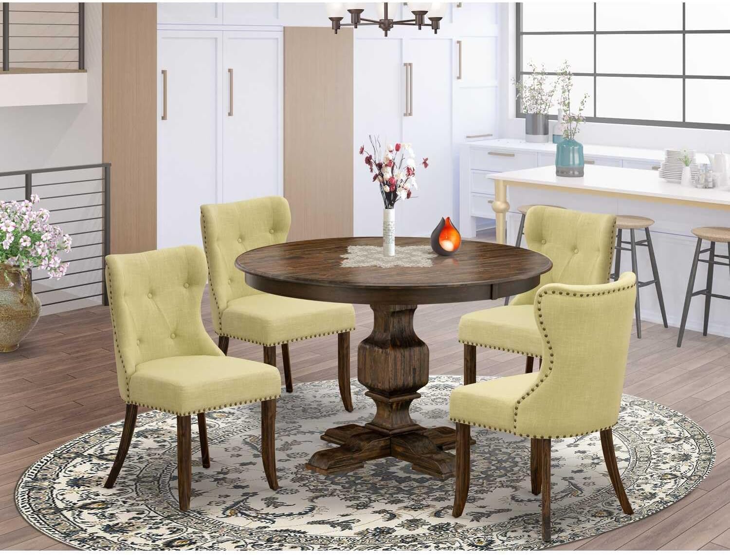 Southwestern Sanctuary 5Piece Modern Dining Set Wooden Pedestal Dining Table and 4 Limelight Color Parson Dining Room Chairs with Button Tufted Back Distressed Jacobean Finish