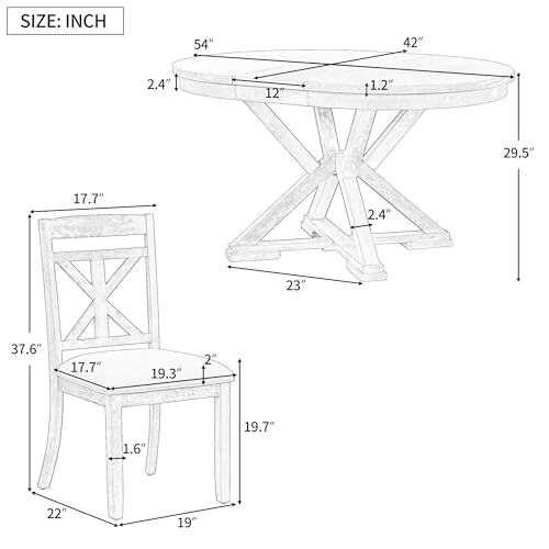 P PURLOVE 5-Piece Round Dining Table Set with Extendable Table and 4 Upholstered Chairs,Kitchen Table Set for 4 with Extendable Leaf,Retro Style Dining Table Set