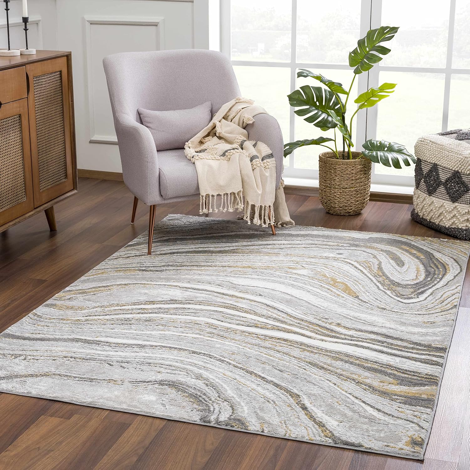 Hauteloom Liverpool Modern Abstract Bedroom Living Room Area Rug - Marble Swirl Pattern - Contemporary Bohemian Farmhouse - Light Grey, Dark Grey, Yellow - 7'10