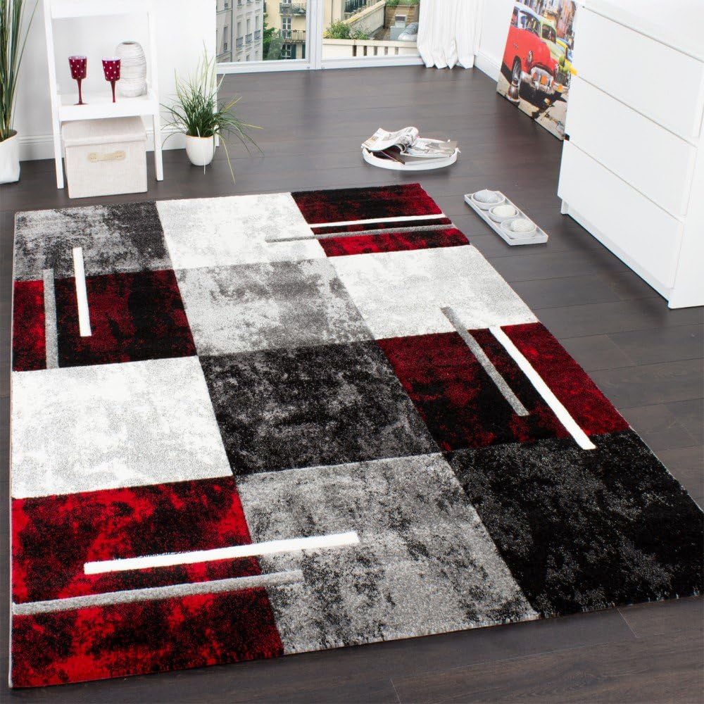 Paco Home Designer Rug Modern with Contour Cut Chequered in Silver Black Red, Size: 5'3