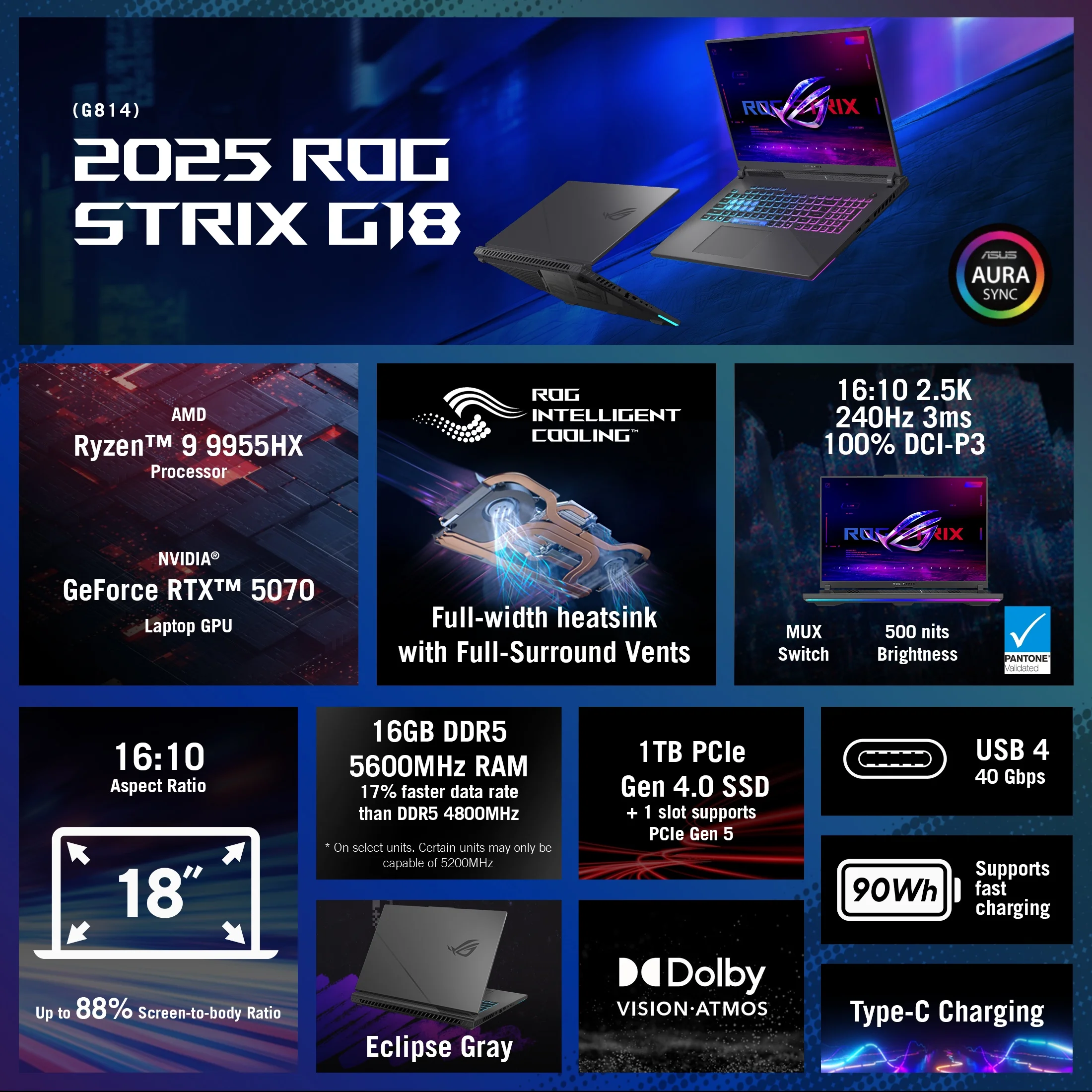ASUS ROG Strix G18 (2025) Gaming Laptop, 18” WQXDA 240Hz AMD Ryzen 9 9955HX, NVIDIA GeForce RTX 5070 8GB VRAM 32GB DDR5-5600 RAM 1TB PCIe Gen 4 SSD Eclipse Gray