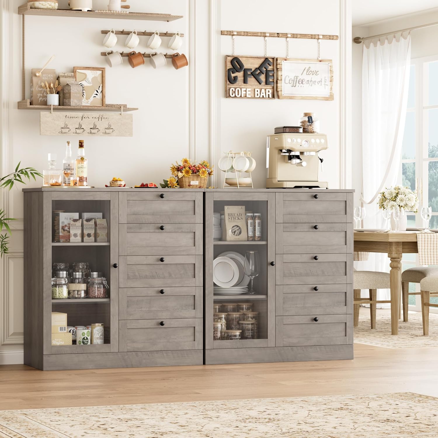 HOSTACK 5 Drawer Dresser with Door, Storage Cabinet with Drawers and Shelves, Wide Wood Dresser, Modern Chest of Drawers Organizers for Living Room, Kitchen, Hallway (Ash Grey, 2 PCS)