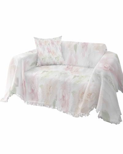 Gray White Floral Sofa Cover Couch Covers for 3 Cushion Couch Throw Couch Cover with Tassel Soft Sofa Slipcover Watercolor Flowers Leaf Texture Couch Furniture Protector for Dog Pet 71