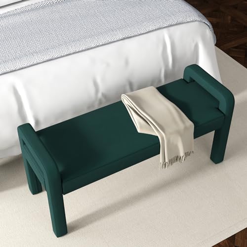 Teddy Velvet Armrest Bench is Soft and Comfortable, with Dark Brown Wooden Legs That are Sturdy and Durable,inBedroom, Living Room, Family Room (Beige1)