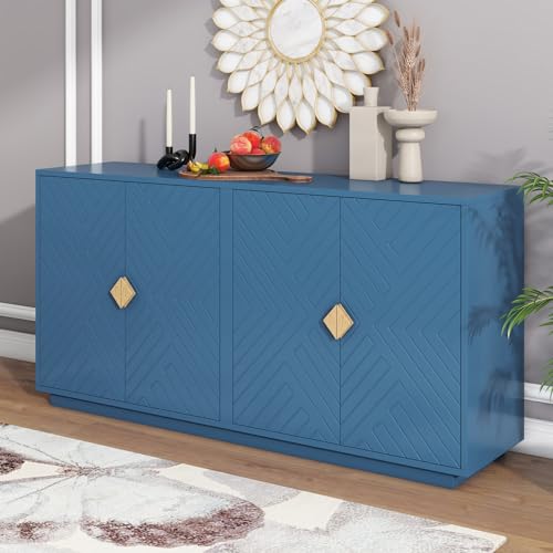 Modern Functional Large Storage Space Sideboard with Wooden Triangular Handles and Adjustable Shelves Modern Console Sofa Table for Living Room and Dining Room (Black)