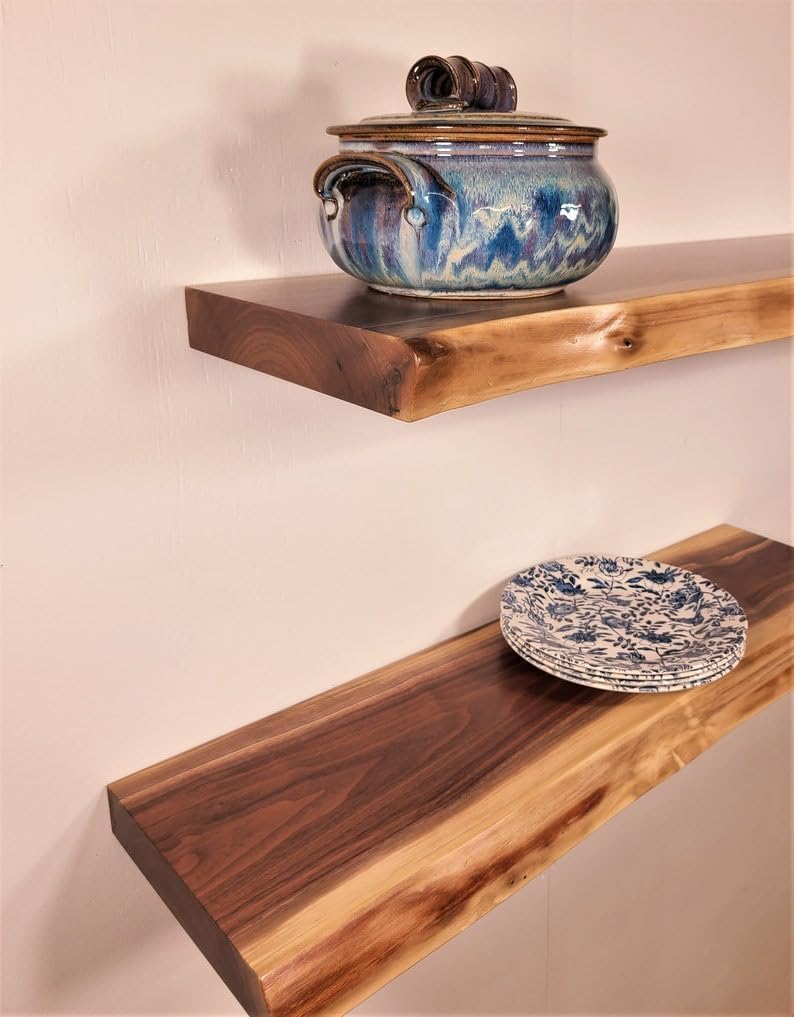 Walnut Floating Shelf, Live-Edge Single-Plank Black Walnut,Floating Shelf
