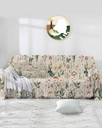 Botanical Cover Couch Covers for 3-4 Cushion Couch Throw Couch Cover with Tassel Soft Slipcover Vintage Watercolor Mushroom Flowers Plants Beige Couch Furniture Protector for Dog Pet 71