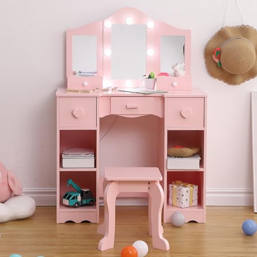 Kids Vanity, Girls Vanity Table with Mirror,Stool & Drawer, 2 in 1 Wooden Princess Makeup Desk Dressing Table, Toddler Vanity,Pretend Play Vanity Set for Kids