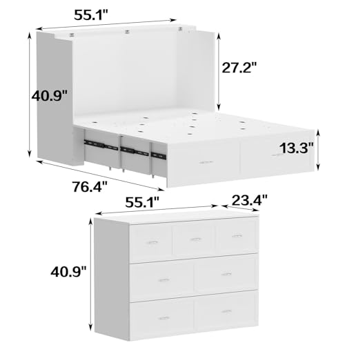 Full Size Murphy Bed Cabinet Bed with Charging Station and Drawer, Pull Out Murphy Bed Full, Space-saving Guest Cabinet Bed for Home Office Guest Room Bedroom White 76.4”L x 55.1”W x 40.9”H