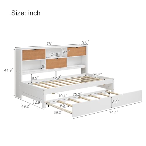 Twin Size Daybed Frame, L-Shaped Bed with Trundle and Bookcase, Corner Bed Wooden Captain Bed with Led Downlight and USB Port for Small Room Bedroom Guest Room, No Box Spring Needed, Walnut and White