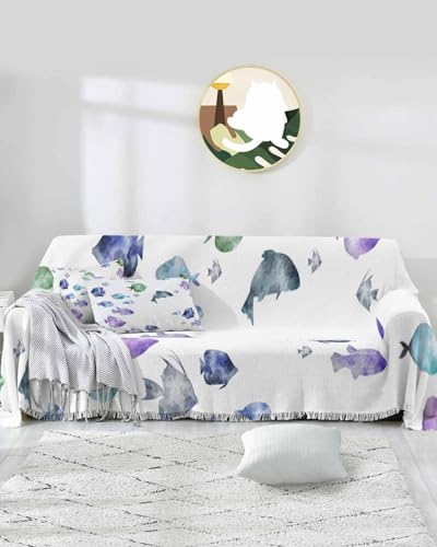 Ocean Colorful Fish Cover Couch Covers for 3 Cushion Couch Throw Couch Cover Tassel Soft Slipcover Summer Abstract Blue Purple Green Gray Fish on Burlap Couch Furniture Protector for Dog Pet 71