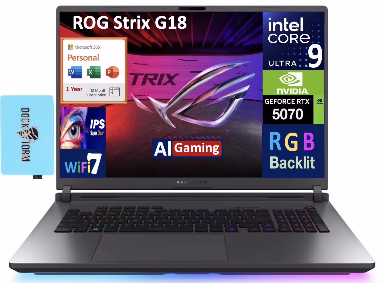 ASUS ROG Strix AI Gaming Laptop 18in 240Hz IPS WQXGA Display (Intel Ultra 9- 275HX, NVIDIA GeForce RTX 5070 8GB, 64GB DDR5, 8TB PCIe SSD, Win 11 Pro) w/Microsoft 365 Personal , DKZ USB Port Expander