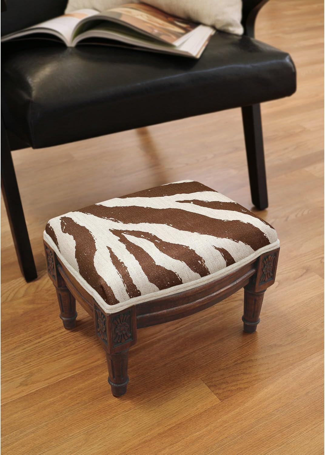 Chocolate Zebra Print Footstool with Wood Stained Finish