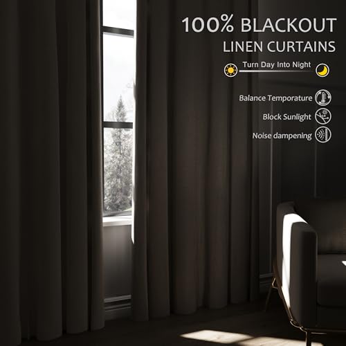 Linen Blackout Curtains 96 Inches Long for Bedroom Thermal Insulated Back Tab Pinch Pleated Blackout Drapes Neutral Farhouse Patio Sliding Door Living Room Sun Block Out Curtains Extra Long 96 Inch