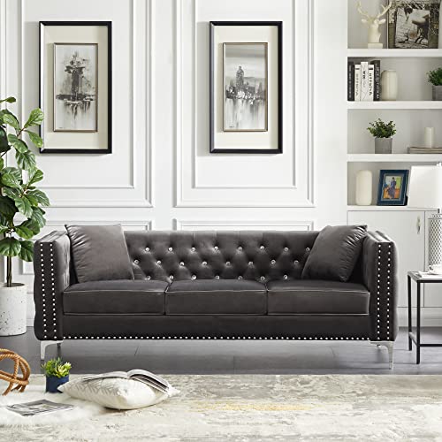 Yoglad Living Room Furniture, Love Seat Modern Couch with Metal Button Tufts, Rivet Decor Reversible Corner Sofa with Pillows (59 Inch Loveseat, Grey)