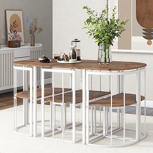 WADRI Dining Table Set for 6, Modern 7-Piece Dining Table Set with 6 Chairs, 55 Inch Kitchen Table Set with Faux Marble Compact, Iron Frame Dining Table Set for Dining Room (White+Black-A7)