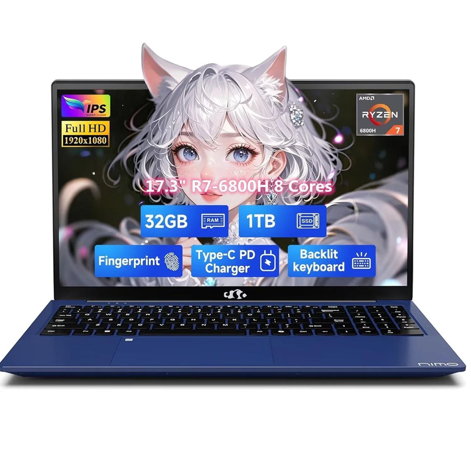 17.3" IPS FHD Gaming Laptop, Business Laptops, 8 Cores AMD Ryzen 7 6800H 32GB DDR5 RAM 1TB SSD (Beat i7-12700H, Up to 4.7GHz) AMD Radeon 680M GPU-Computer with 100W Type-C Fingerprint Blue