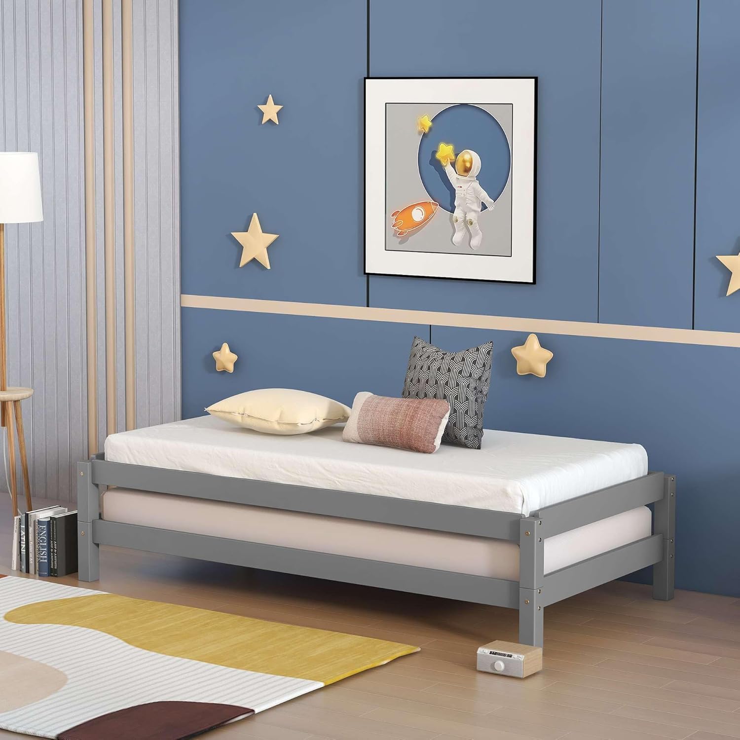 Stackable Twin Platform Beds, Set of 2, Solid Wood Guest Beds in Elegant Gray Finish, Space-Saving Design, No Box Spring Required