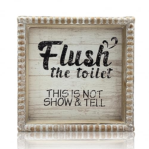 Boho Farmhouse Wooden Framed Bathroom Decor Signs, Funny Restroom Decorative Plaque Small Cute, Toilet Rules Shelf Decoration (Put the Lid Down the Dog Has A Drinking Problem)
