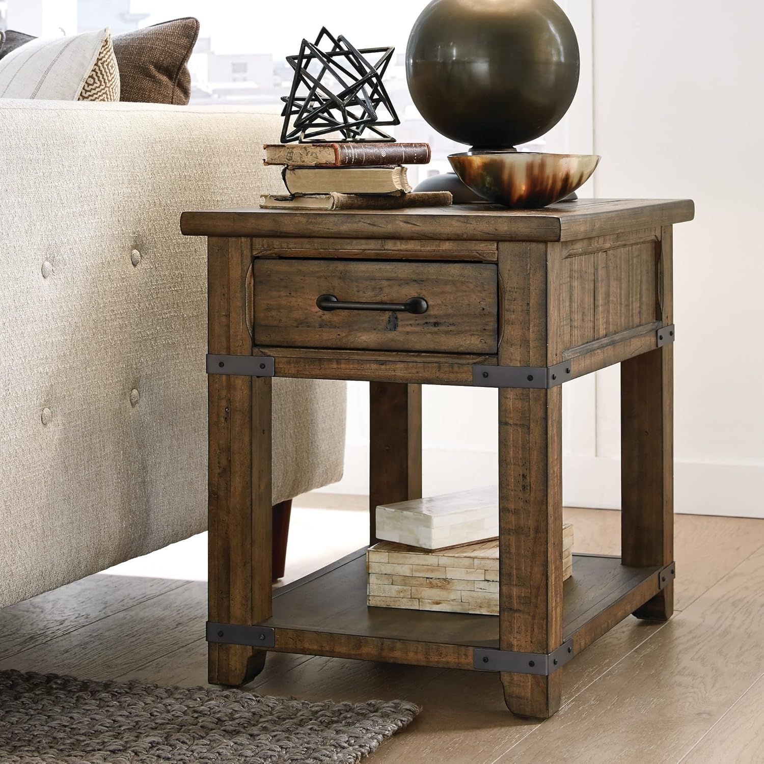 Farmhouse Timber Pine Rectangular End Table 20.00l X 26.00w 24.00h Brown Rustic Iron Rubbed Drawers
