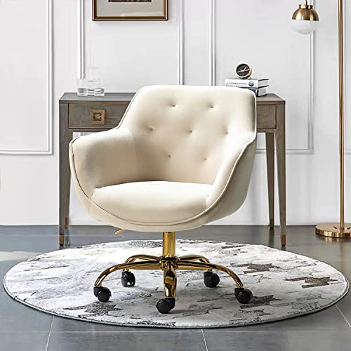 HULALA HOME Velvet Office Chair with Gold Base, Modern Cute Mid-Back Desk Chair, Adjustable Swivel Task Chair for Bedroom, Living Room, Bedroom, Study, Navy