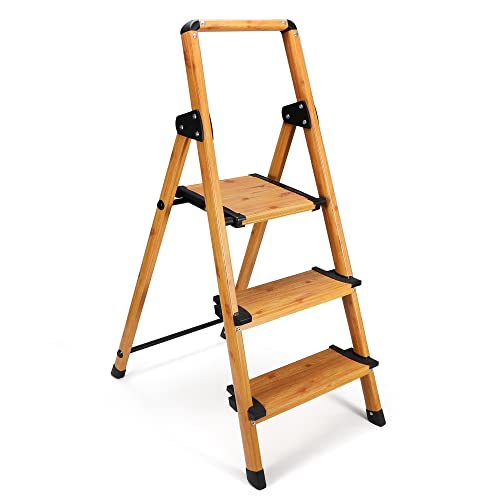 Delxo Portable Collapsible Lightweight Aluminum 3 Step Stool Step Ladder with Long Handrails and Safety Latch Mechanism, Woodgrain Finish