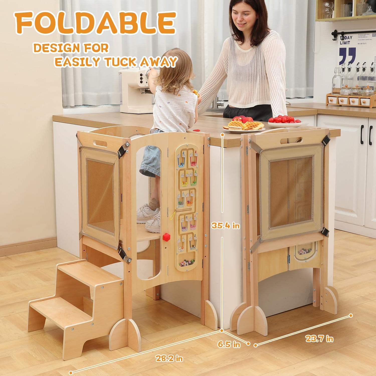 Toddler Tower, JUZBOT Foldable Toddler Kitchen Stool Helper with 2 Step Stool, Wooden Toddler Stool with Safety Net, Adjustable Height, Chalk-Whiteboard& Montessori Activity Games