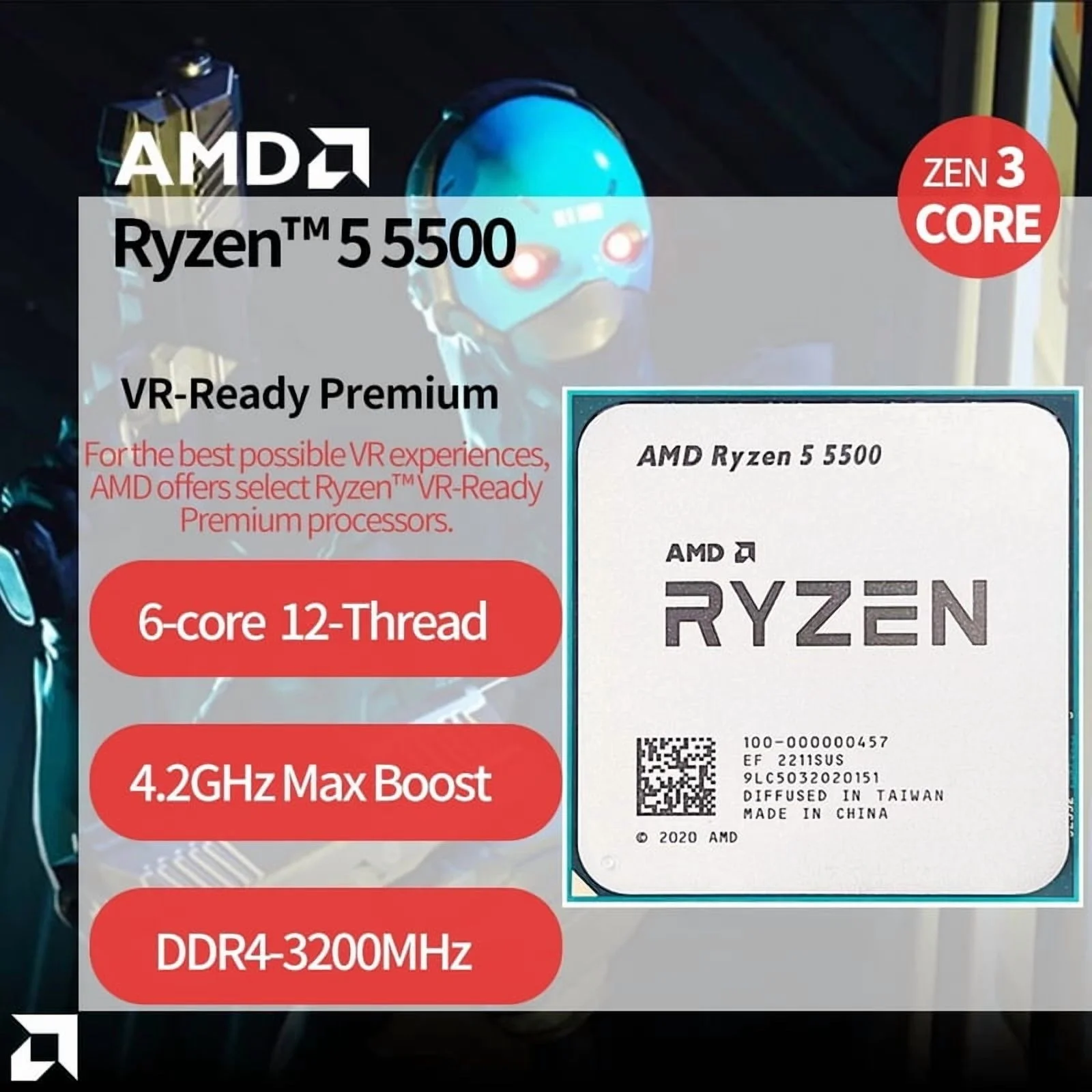 AMD Ryzen 5 5500 R5 5500 3.6GHz 6-Core 12-Thread CPU Processor 7NM L3=16M 100-000000457 Socket AM4 No Fan