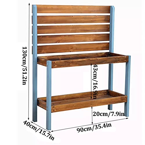 Outdoor Garden Potting Bench, Wooden Workstation Table, Open Shelf with Backrest, Lower Storage,Garden Pot Bench Table (Brown 90x40x130cm)