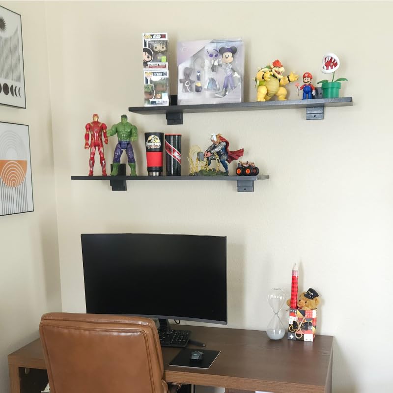 Shelf for Collectors of all kinds, display for action Figures, Solid Pine Wood, Made in USA, Lightweight, Gloss Black, 2 Shelves(Extra Large)