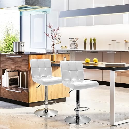 Extra Large Faux Leather Barstools SET of 2 - Adjustable Counter Height Armless Chairs with Larger Base, Swivel Stool for Bar, Living Room, Dining Room - GREY