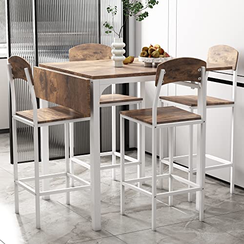 Farmhouse Dining Table Set for 5,Foldable Counter Height Dining Table with 4 Chairs Furniture Set Metal Frame Drop Leaf Dining Table Set for Home Small Space (Brown+White)