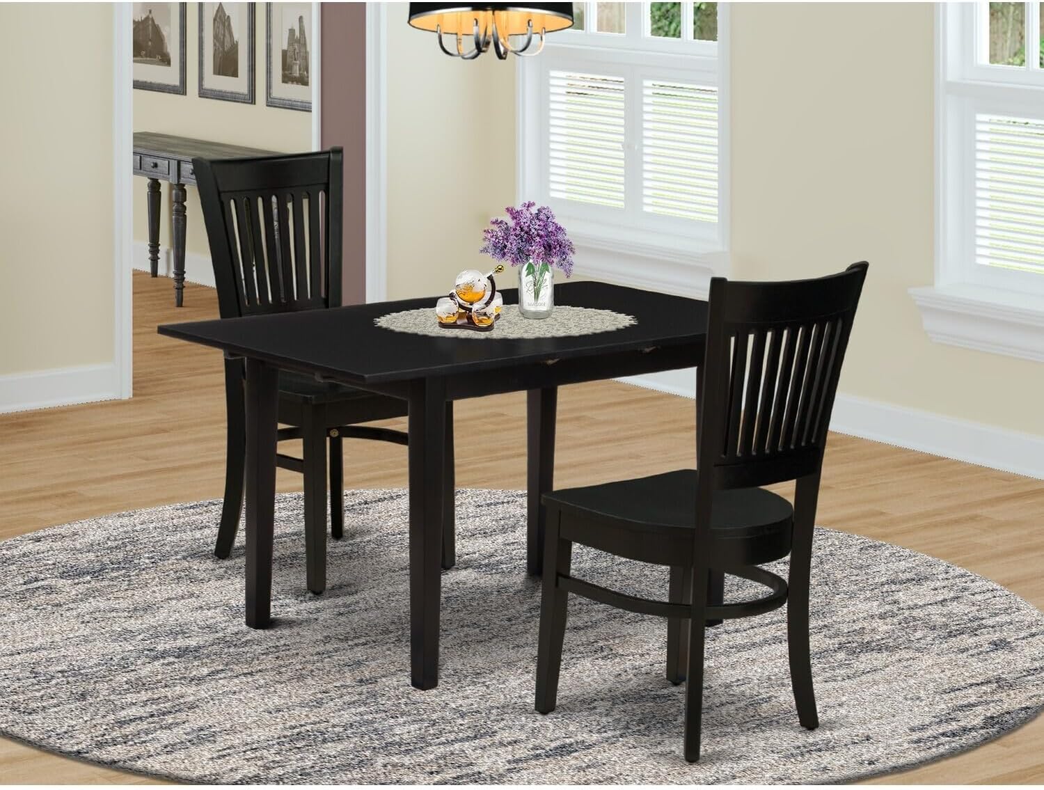 Artisanal Artistry 3-Piece Modern Dining Table Set 2 Wooden Dining Chairs with Slatted Back and Wooden Seat and Butterfly Leaf Dining Table with Rectangular Top and 4 Legs- Black Finish