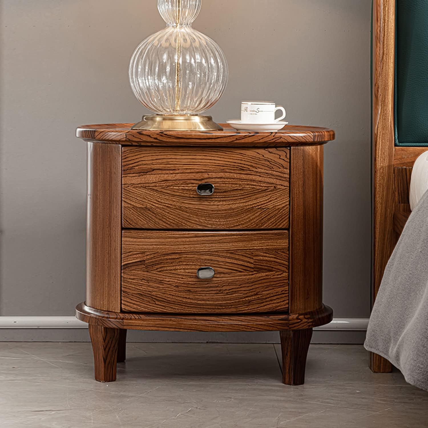 Light Luxury Nightstand, Round Bedside Table with 2 Drawer, Solid Wood Storage Cabinet Side Table, Night Stands for Living Room Bedroom Furniture