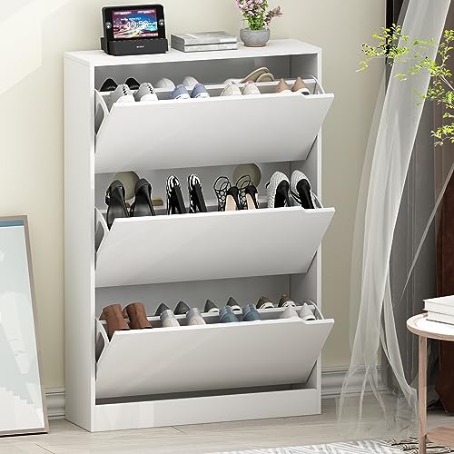 Shoe Cabinet with 3 Flip Drawers, Hidden Wood Shoe Cabinet,Freestanding Shoe Storage Cabinet for Entryway Hallway.White. 47.2