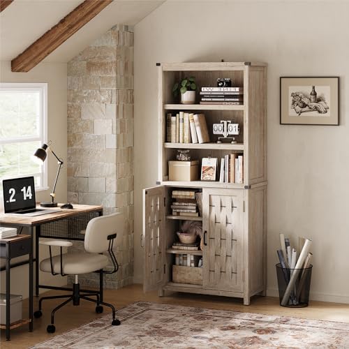LINSY HOME Farmhouse Bookshelves and Bookcases with Doors, Floor Standing 5-Shelf Display Storage Shelves, 72 in Tall Storage Cabinet for Home Office, Living Room (Light Brown)