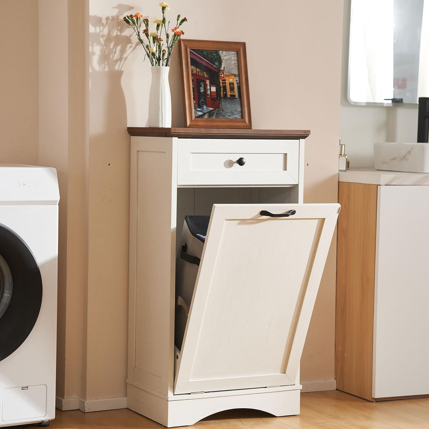 13 Gallon Tilt Out Trash Cabinet with Drawer Wood Hidden Kitchen Recycling Cabinet Free Standing Pet Proof Trash Can Laundry Cabinet for Kitchen, Antique White