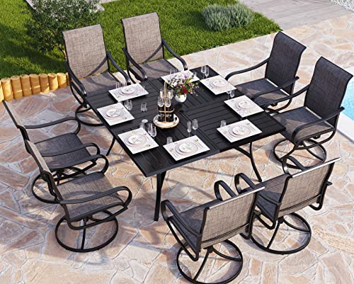 PHI VILLA 9 Piece Outdoor Patio Dining Set, Large Square Metal Dining Table and 8 Outdoor Swivel Dining Chairs, Patio Table and Gray Chair Furniture Dining Set for 8 Person