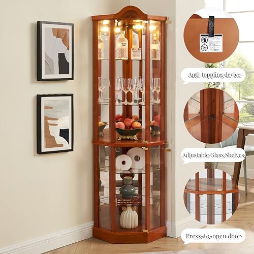 Curio Cabinet with Lighted, Display Cabinet with Glass Doors, Corner China Cabinet with Tempered Adjustable Glass Shelves & Carved Decoration (Crown Roof, Cherry)