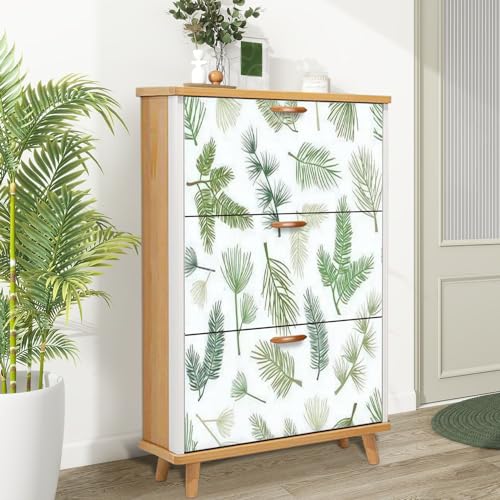 Shoe Cabinet with 3 Flip Drawers Plant Tree Seamless Pine fir Branch Cedar twig Wooden Shoe Storage Cabinet Boho Freestanding Hidden Shoe Rack Slim Shoe Organizer for Entryway