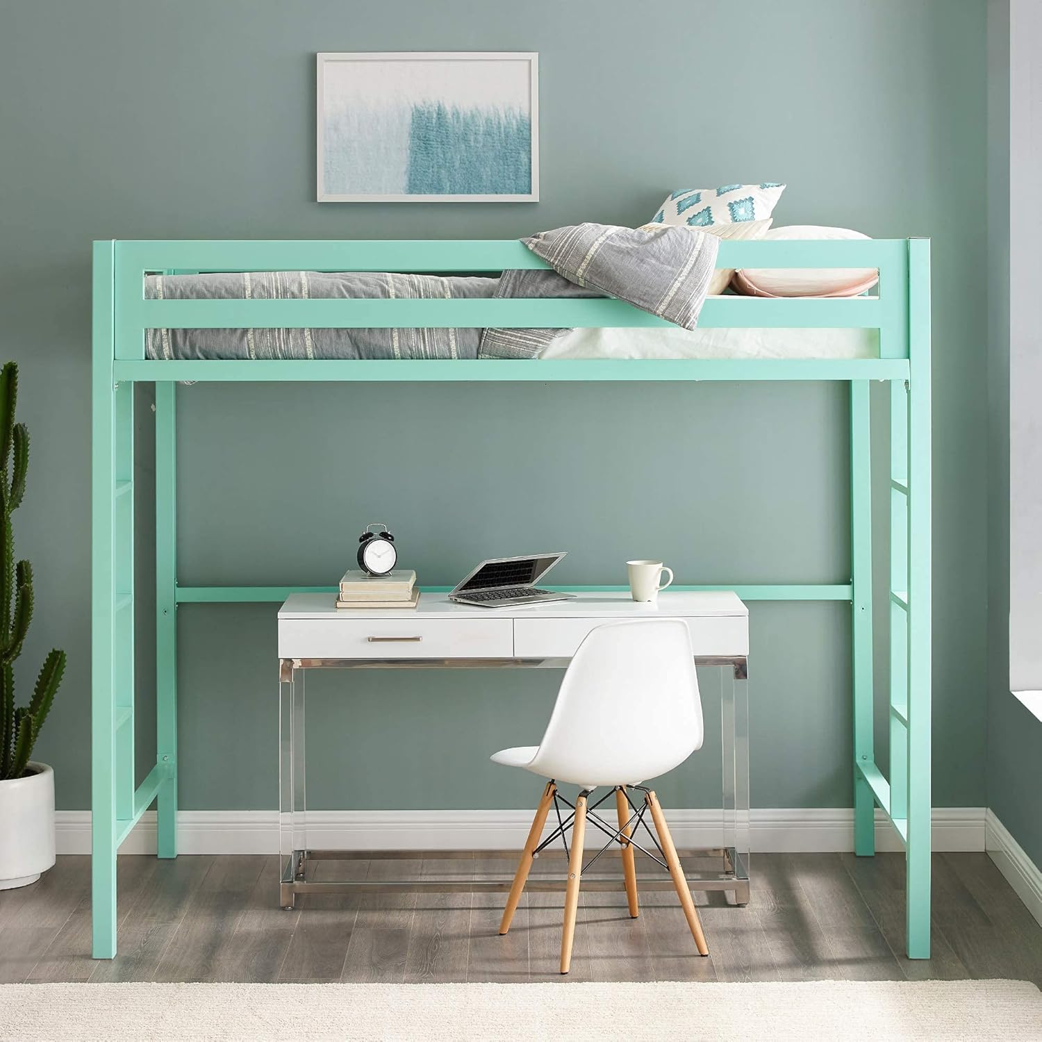 Modern Twin Over Loft Metal Bunk Bed with Integrated Guardrails - Mint