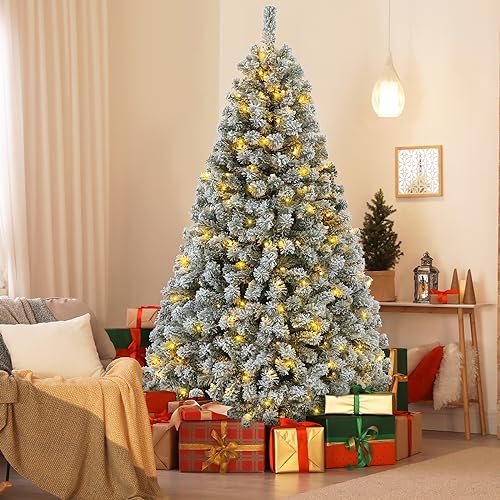6ft Prelit Snow Flocked Christmas Tree, Artificial Holiday Christmas Spruce Tree with Warm White Lights, Premium Hinged Xmas Tree for Home, Office, Party Decoration